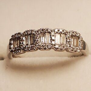 White Crystal Baguette Halo Ring in Silver-Tone